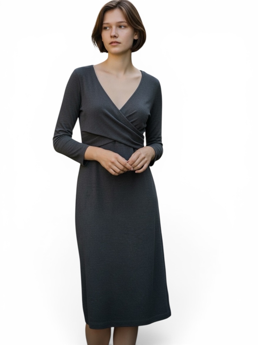 Classy black dress with mock wrap bodice. 3/4 sleeves. Has some stretch. Sz S